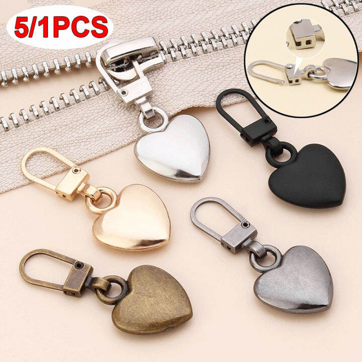 5pcs Detachable Metal Zipper Pullers Heart Shape Zipper Sliders Head