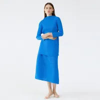 Miyake Pleated Two Piece Blue Sets 2022 Spring New Irregular Pleated Skirt Plus Size Long Top Dress Elegant Designer Clothes