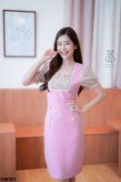 DRESS WORLD ชุดเดรส 907 ซ.สีพื้นอกลายดอกเอวแต่งกระดุม สีชมพู