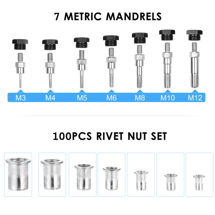 110pcs-hand-rivet-nut-tool-riveting-tool-set-rivet-nut-setter-kit-with-100pcs-assorted-rivet-nuts-7-metric-mandrels-of-m3-m4-m5-m6-m8-m10-m12-and-molded-carrying-case