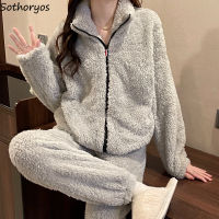 Couples Pajama Sets Women Zipper Flannel Fall Winter Nighty Windproof Thick Thermal Lounge Simple Leisure Nightwear Sweet Cute