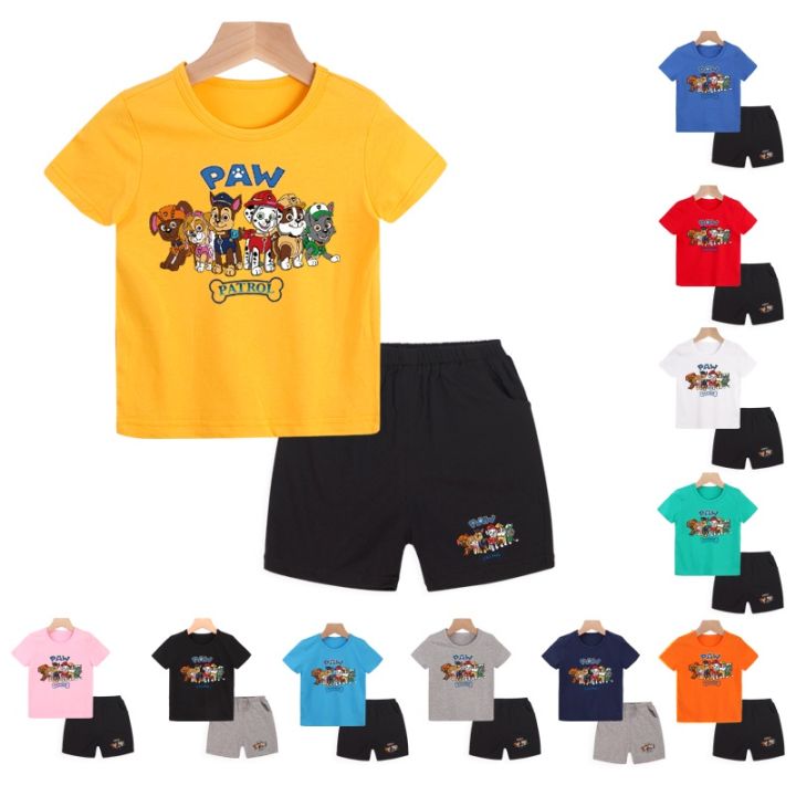 paw-patrol-ใหม่เด็กเสื้อผ้าชุดเด็กน่ารักการ์ตูนประเดิมผ้าฝ้ายแขนสั้นเสื้อและกางเกง