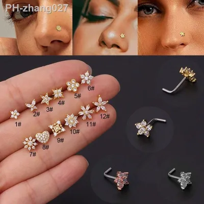 1PCS Crystal Flower Nose Stud L Shape Stainless Steel Cz Heart Nose Ring And Stud Butterfly Nose Ring Real Piercing Jewelry Lot