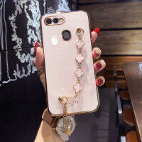 COROGI เคสสำหรับ OPPO F9 / F9 Pro / Realme 2 Pro พร้อมสายรัดข้อมือลายดอกโคลเวอร์นำโชคเคสมือถือชุบ6D สุดหรูขอบสี่เหลี่ยมกรอบด้านหลังป้องกันซิลิโคนนิ่ม