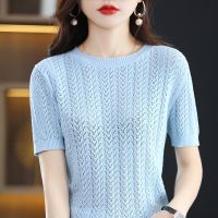 100% Pure Cotton T-Shirts Womens Round Neck Strands Empty Pullover Top Casual Knit Loose Top Summer Mesh Fashion Short Sleeves