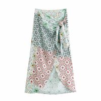 Women Patchwork Print Asymmetrical Midi Skirt Faldas Mujer Vintage Side Zipper Office Ladies Elegant Chic Skirts OZZ1071