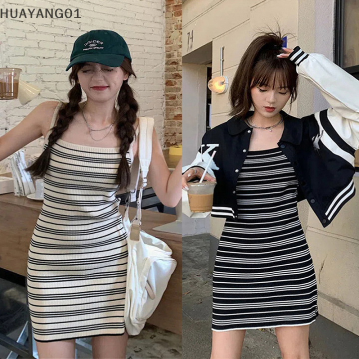 huayang01-2023-new-hot-fashion-lazlook-summer-striped-suspender-dress-ถักเอวปิดบางกลางยาวลายมินิชุด