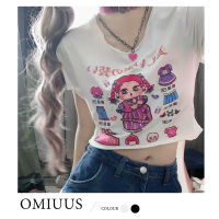 OMIUUS เสื้อผู้หญิงแขนสั้น,เสื้อเสื้อยืดสั้นการ์ตูนเกาหลีสลิมฟิตแฟชั่นฤดูร้อน