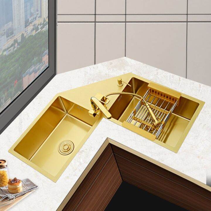 Gold Kitchen Sink 304 Stainless Steel Sink Corner Double Sink Under The Table Basin Double Sink