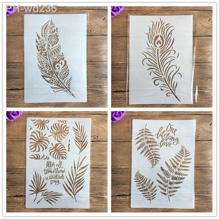 4pcs-set-feather-leaves-plant-stencils-painting-coloring-embossing-scrapbook-album-decorative-template-mandala