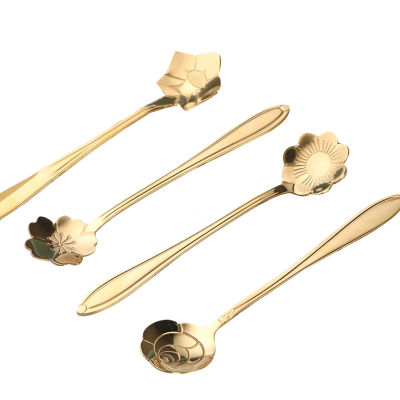 4Pcs Cute Stainless Steel Flower Teaspoon Dessert Coffee Spoon Golden Sakura Rose Spoon