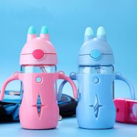 Sweet Gift Bottle Baby Children Personality Glass Bottles Rabbit Glass Sippy Drinking Bottle with Handle Straw