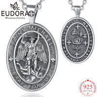 Eudora 925เงินสเตอร์ลิง St Michael Amulet สร้อยคอ Vintage Embossed Cross จี้บุคลิกภาพทางศาสนาเครื่องประดับสำหรับ Men Women