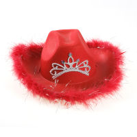 New Western Style Pink Cowboy Hat Womens Fashion Party Cap Warped Wide Brim with Sequin Decoration Crown Tiara Cowgirl Hat