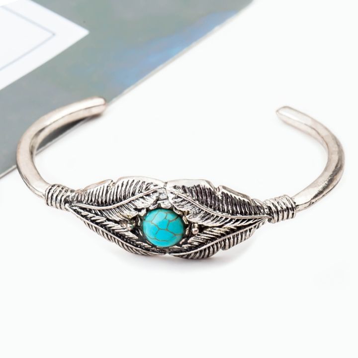 cod-european-and-new-retro-turquoise-feather-leaf-open-bracelet-aliexpress-wish-hot-selling-foreign-trade-sources