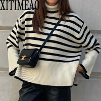 Za New Autumn Women High Collar Stripe Sweaters Pullovers Warm Minimalist Color Matching Lady Knitted Loose Pullover