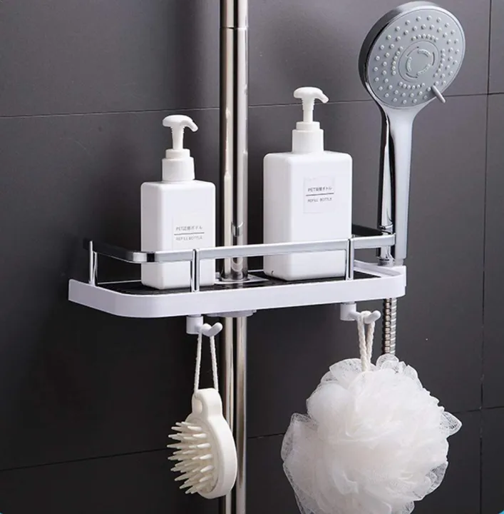 Adjustable Bathroom Pole Shower Shelf Holder Shower Tray Rack Soap Head