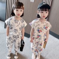 Ready Stock Cheap Korean Version Summer Baby Girl Clothing Short-Sleeved Printed Suit Sleeveless Childrens Top Pants 2-Piece Set Fashion Shirt Loose