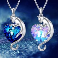 ✇✧✲ Exquisite Lovely Heart Shaped Crystal Cat Womens Pendant Necklace Romantic Colorful Silver Plated Animal Necklace Birthday Gift