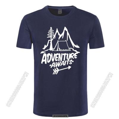 New Season Adventure Awaits Letter T-Shirt Travel Pine Tree Mountains Tent Printing T-Shirt Top Quality Pure Cotton Unisex