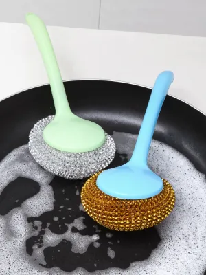 Kitchen long-handled pot washing brush dishwashing cleaning brush household large stainless steel wire ball washing pot brush pot artifact 【JYUE】