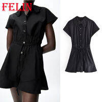 Women Chic Black Single Button Shirt Dress Playsuits Za 2021 Ruffles Embroidery Collar Sashes Shorts Jumpsuits Elegant Rompers