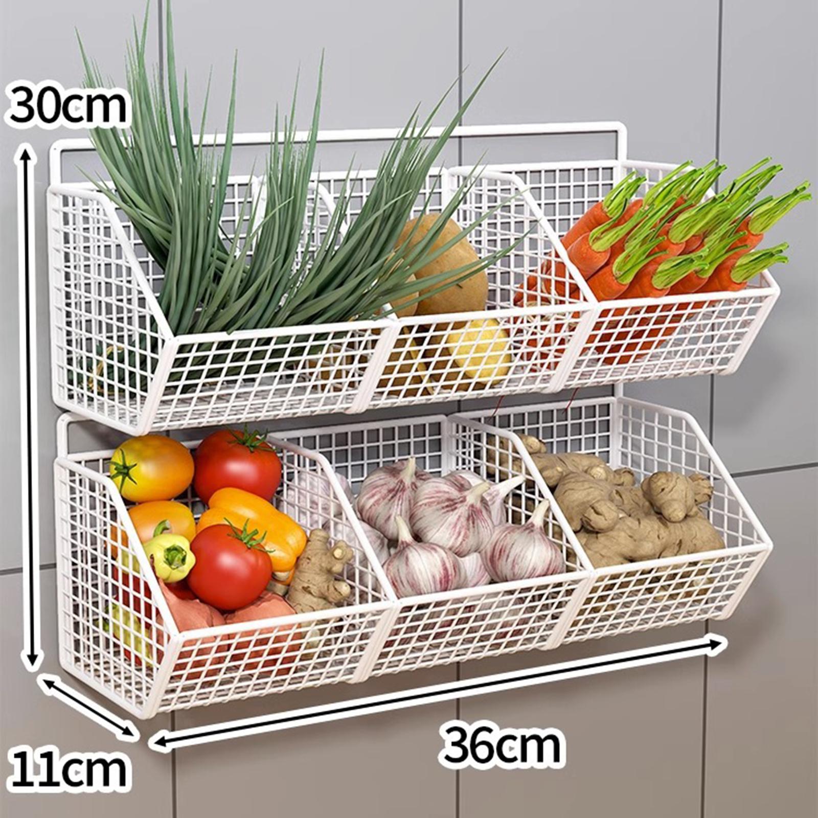 Fityle 2x Hanging Wall Basket Wire Hanging Basket 3 Grids Farmhouse Decor Wall Mounted Shelves Minimalist Hanging Fruit Basket for Bathroom Kitchen