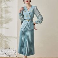 ☒ Elegant Fashion Skirts Sets Women Two Piece Outfits V neck Blouse Tops And Pleated Long Skirt Set Office Lady 2 Piece Sets Slim