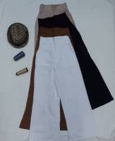 กางเกงขายาวผู้หญิง กระบอกใหญ่กระดุมคู่ (ผ้าฮานาโกะ) เอวสูง (S-3XL)