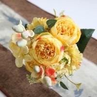 【cw】1 Bouquet yellow Artificial Flowers Peony Tea Rose Autumn Silk Fake Flowers for DIY Living Room Home Garden Wedding Decoration ！