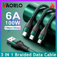 VAORLO 100W 3 IN 1 USB สายชาร์จ1.2เมตรสาย USB ไมโคร USB ชนิด C สายชาร์จเร็วชาร์จได้สายเคเบิล TPE ชาร์จซูเปอร์ชาร์จสำหรับ Samsung Huawei OPPO แอนดรอยด์สามารถใส่ได้กับ iPhone IOS