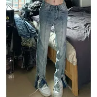 Design Sense Split Slit Adjustment Jeans Female European And American Style Babes High Street Vibe Straight Tube Flared Pants Trendy