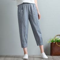 2021Women Pencil Pants Ankle-Length Pants Female Summer Casual Striped Loose Trousers Women Linen Mid Wasit Flat Pants New Fashion