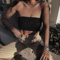 B Ling ผู้หญิงเซ็กซี่กลวงออก Fishnet ตารางเสื้อยืดเต็มแขนหลวมผู้หญิงหรูหราเพชรขึ้นปก B Eachwear พรรคคลับหนึ่งตัวถัง