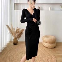 Elegant Solid Knitted Sweater Dress Women Full Sleeve V-neck Lace-up Dresses Spring Autumn Basic Slim Fashion Chic Vestidos 2022