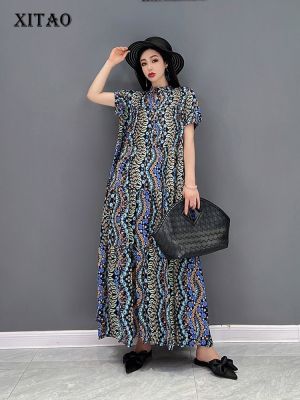 XITAO Dress  Stand Collar Women Chiffon Print Dress