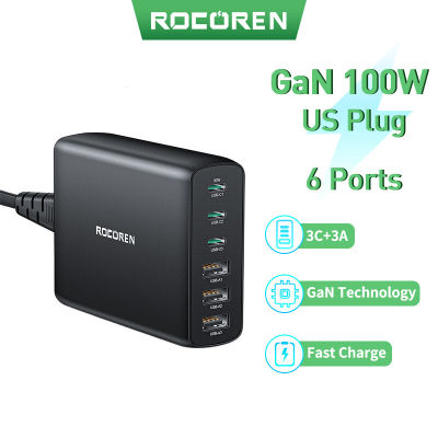 Rocoren 100วัตต์ GaN ชาร์จ6พอร์ต USB Type C PD ชาร์จอย่างรวดเร็วค่าเร็ว4.0 3.0 USB สก์ท็อปชาร์จสำหรับ 14 13 Pro Xiaomi Samsung Oppo Vivo83006