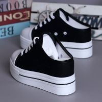 ❂✎● Korean Version Spring Summer White Shoes Women Thick-Soled New Style Inner Heightening 8CM No Heel Slip-On Lazy Canvas Half Slippers