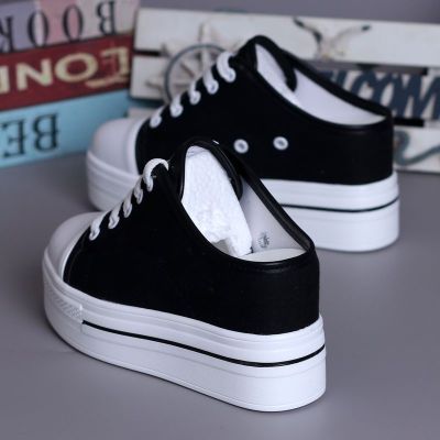 ❂✎● Korean Version Spring Summer White Shoes Women Thick-Soled New Style Inner Heightening 8CM No Heel Slip-On Lazy Canvas Half Slippers