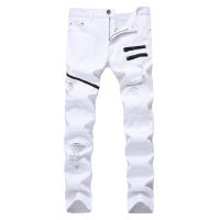 White Red Hole Slim Skinny mens Ripped Jeans Multiple Zipper Decoration Casual Hip Hop Jeans Men Streetwear Denim Trousers