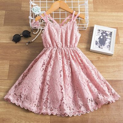 Pink Sling Princess Girl Dress Vacation Summer Lace Dress Casual Wearing 3 6 7 8 Years Children Clothing Kids Girl Cute Vestidos