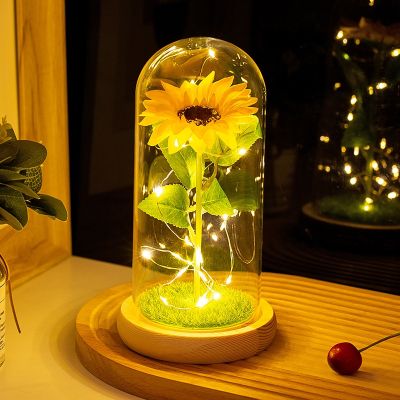 Artificial Sunflower Eternal Flowers In Dome Ornament With Lights Home Decor Beauty and the Beast For Valentines Women Day Gift