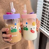 【CW】♗♂☎  550ml Kawaii Cartoon Glass Cup With Lid and Mug Juice Beer Can Mocha Cups Drinkware