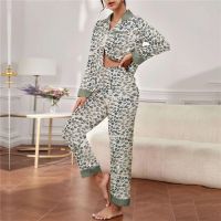 ☍☸◊ Women Satin Pajamas Silk Leopard Printing Lapel Button Shirt With Trousers Pajama Set Nightwear Pyjama Sleepwear Pijama Mujer