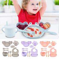 9PCS Baby Soft Silicone Sucker Bowl Plate Cup Bibs Spoon Fork Sets Non-slip Crab Cute Tableware Kids Feeding Dishes BPA Free Bowl Fork Spoon Sets