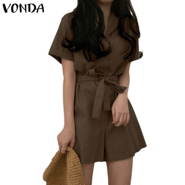 vonda-ชุดจั๊มสูทแขนสั้นลําลอง-คอปก-แต่งกระดุม-สไตล์เกาหลี-สําหรับผู้หญิง