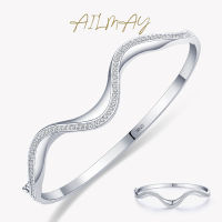 Ailmay Solid 925 Sterling Silver Irregular New Fashion Simple Wave Line Bracelets Clear Zircon Europe Wedding Engagement Jewelry