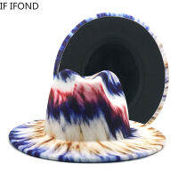 Fedoras หมวกสำหรับหมวกผู้หญิงผู้ชายหมวกปีกกว้างสองด้าน Tie Dye Jazz หมวกฤดูหนาว Fascinator Multicolor Felted หมวก