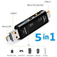 AARONA แฟลชไดร์ฟมัลติฟังก์ชั่นการถ่ายโอนข้อมูล5 In 1ไมโคร Usb ตัวแปลงการ์ดรีดเดอร์การ์ดเครื่องอ่านบัตร OTG OTG อะแดปเตอร์ Type-C เครื่องอ่านบัตรบัตร TF