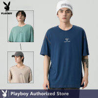 PLAYBOY เสื้อยืดคอกลมโลโก้สั้นเสื้อยืดนักเรียนธรรมดาสีแนวโน้ม U-คอสไตล์ University T Casual แฟชั่นสั้น T Trend T หล่อ All-Match เสื้อผ้าเด็ก